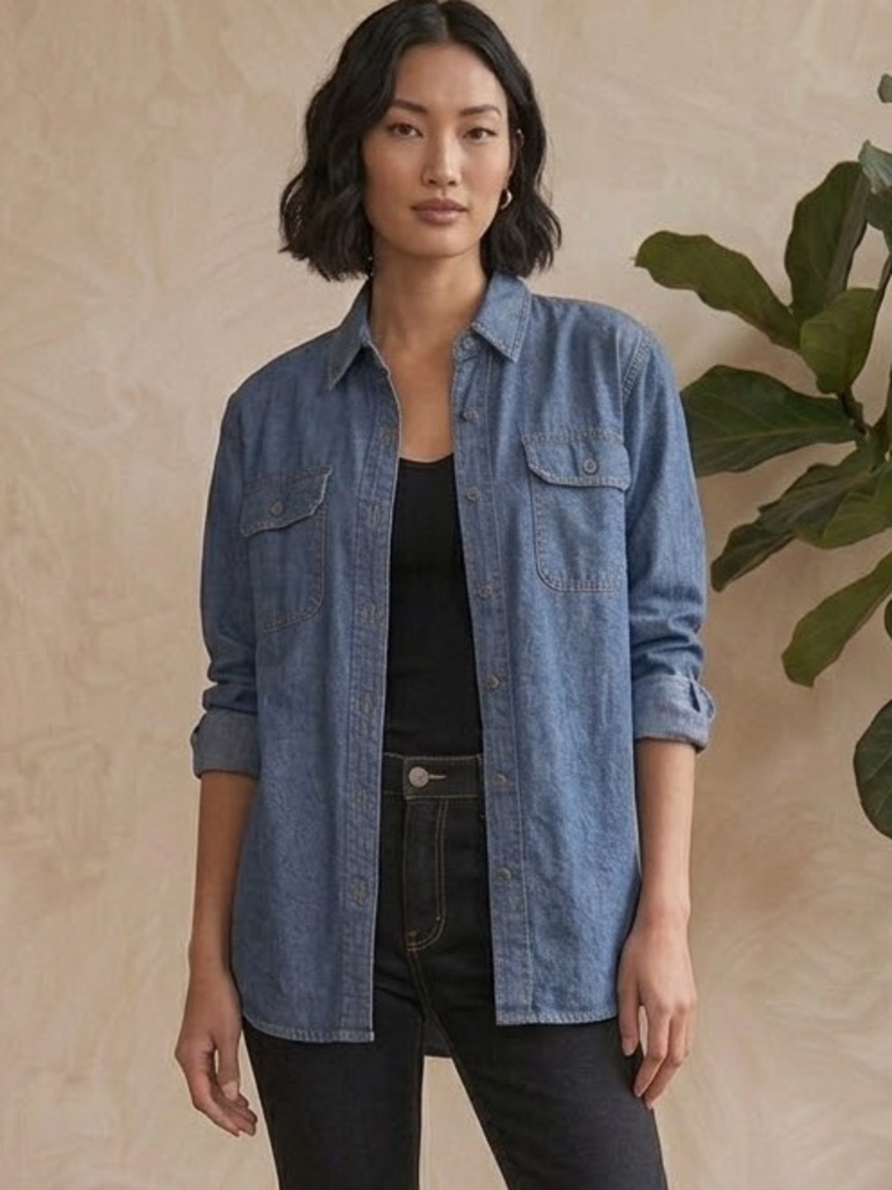 Wrangler Button-Down Shirt blouse Denim Blue Comfy flex Sz M